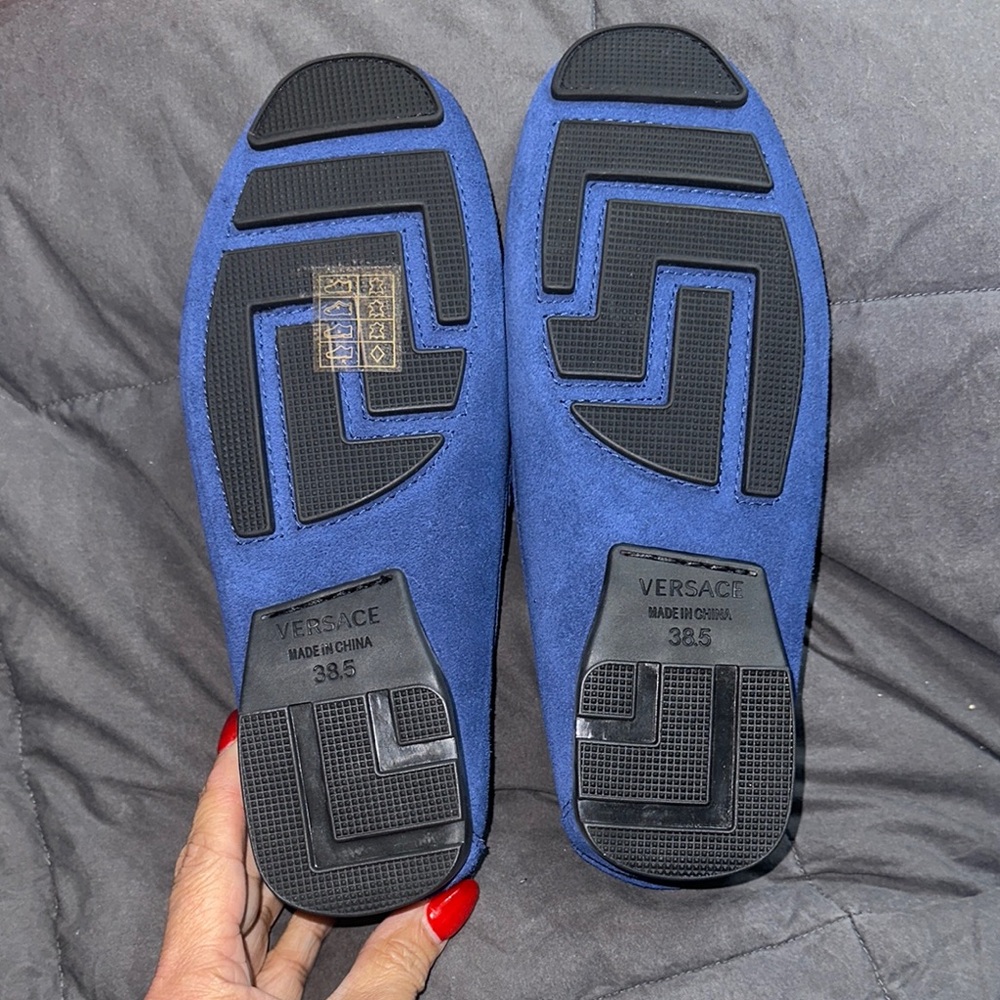 Versace Blue and Gold Loafers with Decorative Hardware - Picture 4 of 6